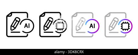 Set di icone di scrittura AI per la creazione automatizzata di contenuti copywriting documenti e matite con tecnologia di intelligenza artificiale Illustrazione Vettoriale