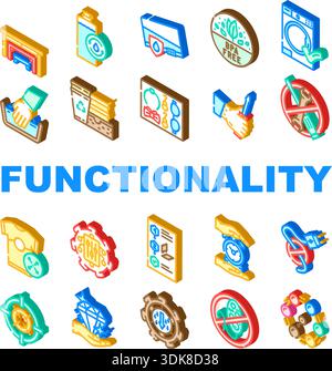 Insieme di icone isometriche delle caratteristiche di funzionalità e delle funzioni Illustrazione Vettoriale