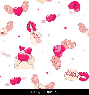 Motivo vettoriale di San Valentino senza cuciture con cuori, labbra, lettere d'amore, frecce e simboli romantici in una tavolozza di colori rosa. Illustrazione Vettoriale