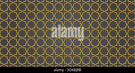 Motivo geometrico islamico dorato senza cuciture su sfondo nero. Decorazioni arabe di lusso. Illustrazione Vettoriale