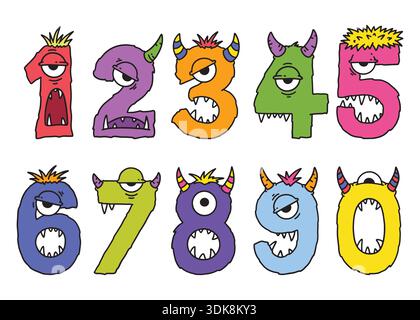 mostri, carino, raccolta, numeri, set, doodle, comico, piatto, isolato, astratto, forme, icona, individuo, occhi, corna, capelli, Halloween, bambini, carto Illustrazione Vettoriale