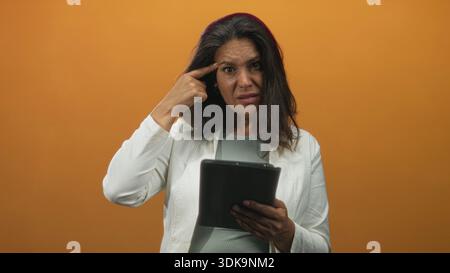Donna bruna ispanica di mezza età che tiene la tavoletta punta il dito verso il tempio mentre legge e si aggrappa in studio; confusione. Foto Stock