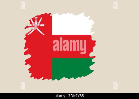 Caratteristico vettore con bandiera dell'Oman con profilo tratto pennello distorto, che evoca lo spirito nazionale e il patriottismo mediorientale. Illustrazione Vettoriale