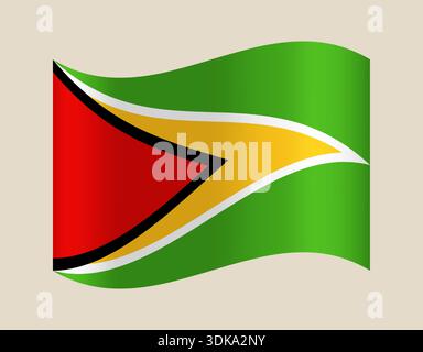 Bandiera nazionale della Guyana che ondeggia con orgoglio, un simbolo ufficiale che rappresenta il Paese sudamericano con uno stato d'animo patriottico e vivace. Illustrazione Vettoriale
