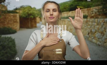 Giovane donna all'aperto che indossa i gesti del grembiule con la mano sul petto in un tranquillo giardino. Foto Stock