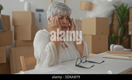 Senior Grey Haired Plus size rimuove gli occhiali e strofina le tempie in mezzo a scatole mobili impilate nell'edificio, spostando lo stress. Foto Stock
