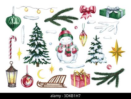 Set natalizio. Illustrazioni ad acquerello disegnate a mano. Elementi natalizi. Alberi di Natale, pupazzi di neve e regali, decorazioni, ecc. Per il saluto Foto Stock