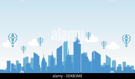 Un'illustrazione vettoriale piatta pulita e moderna caratterizzata da una silhouette blu dello skyline cittadino con vari grattacieli. Illustrazione Vettoriale
