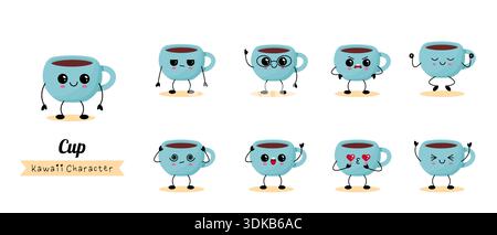 Set di simpatici personaggi della tazza di caffè kawaii con diverse emozioni isolate su sfondo bianco. Illustrazione vettoriale piatta per il branding degli adesivi da caffè. Illustrazione Vettoriale