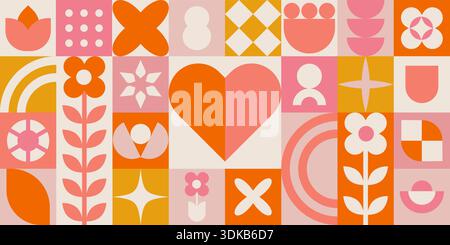 Moderno banner astratto geometrico con forme floreali e colori pastello. Illustrazione vettoriale piatta per i poster delle promozioni primaverili e i social media. Illustrazione Vettoriale