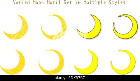 Una ricca collezione di motivi lunari in diversi stili, tra cui disegni a matita e design grafico. Ideale per illustrazioni a tema notturno, visione fantasy Illustrazione Vettoriale