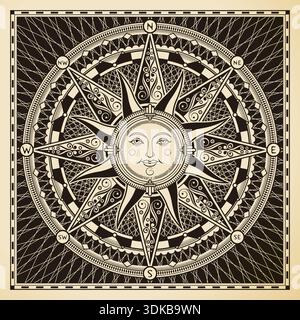 Classica rosa vintage con bussola solare Illustrazione Vettoriale