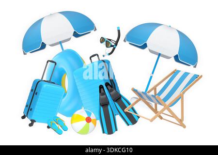Articoli per le vacanze estive, tra cui valigie, palle da spiaggia, sedia e accessori su sfondo bianco, concetto di viaggio per le vacanze Foto Stock