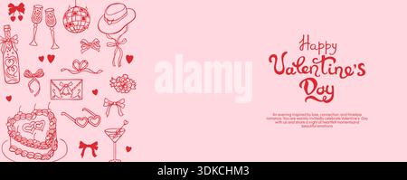 Stravagante banner orizzontale di San Valentino o carta con scarabocchi disegnati a mano. Linea elementi femminili cuore, fiocco, nastro, torta, schizzo di cocktail. Look da cowgirl romantico e vintage Illustrazione Vettoriale