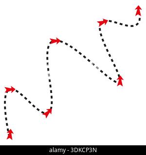 Percorso aereo rosso. Rotta di volo Vector. Linea tratteggiata nera. Mappa di navigazione del viaggio. EPS 10. Illustrazione Vettoriale