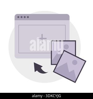 Illustrazioni delle finestre del browser. Simboli di caricamento fotografico. Galleria immagini vettoriali. Sfondi dell'interfaccia viola Illustrazione Vettoriale
