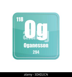 Elemento chimico Oganesson. Numero atomico cento diciotto. Tessera vettoriale verde blu. Tavola periodica Illustrazione Vettoriale