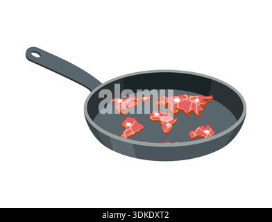 bistecche di manzo a forma di mappa mondiale dei continenti in una padella. Concetto creativo di cibo per la cucina globale, macelleria internazionale o esportazione di carne. Inizio vi Illustrazione Vettoriale