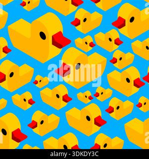 motivo con molte anatre isometriche gialle su sfondo blu brillante. Decorazioni per il bagno divertenti e vivaci per stampe tessili, bambini Illustrazione Vettoriale
