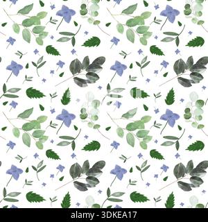 Piante di eucalipto ad acquerello senza cuciture con foglie verdi tenui e delicati fiori lilla, illustrazione botanica dipinta a mano, elegante floreale Foto Stock