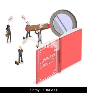 Illustrazione piatta isometrica 3D del lavoro di squadra e guida, professionisti gioiosi che leggono un libro di grandi dimensioni sul successo nelle attività aziendali come team. Foto Stock