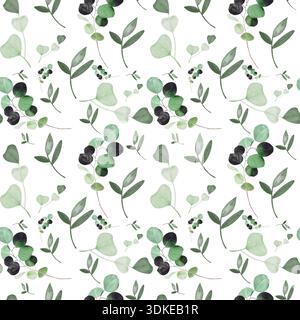 Motivo di illustrazione digitale ad acquerello senza cuciture con piante di eucalipto con foglie verdi morbide, fogliame botanico dipinto a mano, elegante e naturale Foto Stock