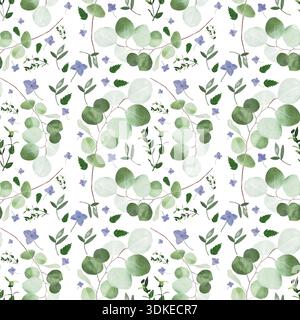 Motivo di illustrazione digitale ad acquerello senza cuciture con foglie di eucalipto e rami di eucalipto raggruppati con delicati fiori di lilla, mano morbida Foto Stock