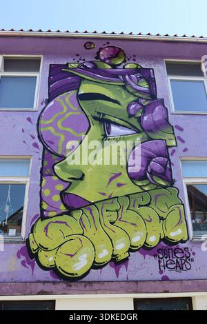 Un'opera d'arte urbana dell'artista di graffiti Soles, alias Russell Fenn in Ovre Holmegate, Stavanger, la strada più colorata della Norvegia. Foto Stock