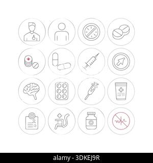 Set di icone per il trattamento medico e la linea sanitaria Illustrazione Vettoriale
