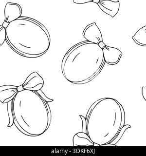 Disegno senza cuciture fatto di uova di Pasqua disegnato a mano con un fiocco in stile grafico dettagliato su sfondo bianco Illustrazione Vettoriale