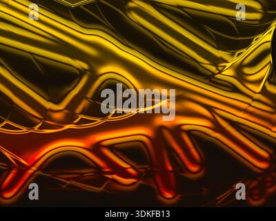 Un primo piano astratto di oro fuso con sfumature rosse e arancioni che creano una texture fluida e dinamica. Foto Stock