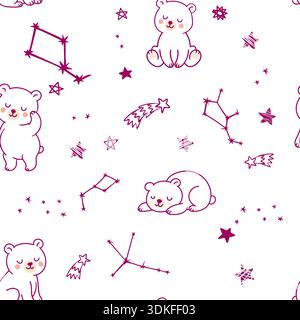 Motivo senza cuciture con simpatici orsi e costellazioni di cartoni animati. per tessuti per bambini, carte da parati, carta da imballaggio e decorazioni per la nursery. Illustrazione Vettoriale