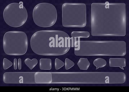 Set di elementi dell'interfaccia utente Glassmorphism con pulsanti lucidi trasparenti illustrazione vettoriale. Illustrazione Vettoriale