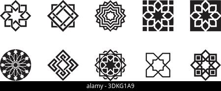 Collezione con motivi geometrici islamici in eleganti disegni neri perfetti per la decorazione. Queste illustrazioni vettoriali mostrano intricati arabeschi Illustrazione Vettoriale