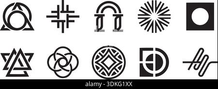 Un gruppo di loghi geometrici astratti con un tema circolare sono presentati come elementi di design. Il set include una varietà di forme simmetriche e patte Illustrazione Vettoriale