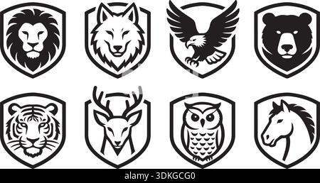 Set di emblemi vettoriali con logo di animali per il branding e il progetto di progettazione della sicurezza. Contiene leone lupo aquila orso tigre gufo cavallo simbo Illustrazione Vettoriale