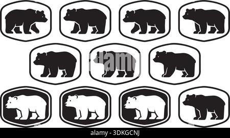 Set di emblemi con logo orso collezione vettoriale per l'azienda di branding e il progetto di design dell'abbigliamento. Contiene l'icona e la silhouette del simbolo dell'orso grizzly. Moderna Illustrazione Vettoriale