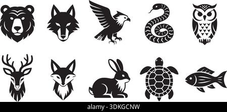 Set di emblemi animali con orso volpe aquila serpente gufo cervo coniglio tartaruga e pesci. Illustrazione di animali selvatici per il logo. Le creature della natura firmano Illustrazione Vettoriale