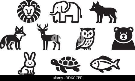 Collezione di icone animali minimaliste con orso elefante volpe gufo coniglio tartaruga e pesci. Illustrazione di animali selvatici per un semplice design delle icone. Illustrazione Vettoriale