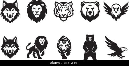 Insieme vettoriale di animali diversi. Collezione di sagome animali come lupo leone tigre orso e aquila. Ottimo per logo, tatuaggi, emblemi, t Illustrazione Vettoriale