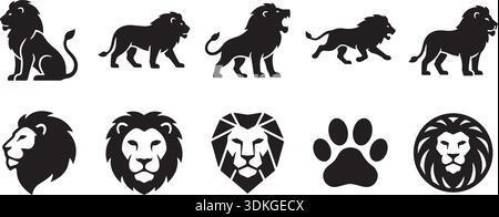 Il set include leoni seduti, camminando, ruggenti, silhouette da corsa e icone stilizzate della testa. Perfetto per loghi, emblemi, tatuaggi e stampe. Vettore Illustrazione Vettoriale