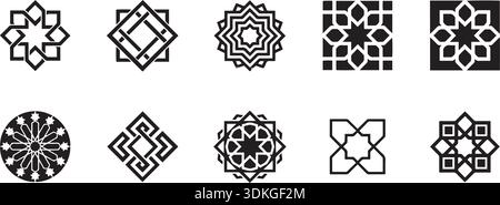 Collezione con motivi geometrici islamici in eleganti disegni neri perfetti per la decorazione. Queste illustrazioni vettoriali mostrano intricati arabeschi Illustrazione Vettoriale