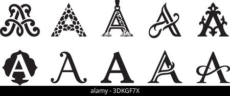 Set che combina disegni decorativi in lettere a alfabeto. Utilizzare il simbolo della lettera per monogramma, iniziale, logo, marchio, segnaletica, stampa. Ottimo per matrimoni Illustrazione Vettoriale