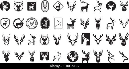 Set di varie icone di cervi per emblemi di caccia. Silhouette animale della foresta. Illustrazione vettoriale con icone renne per logo e decorazioni. Fauna selvatica Illustrazione Vettoriale