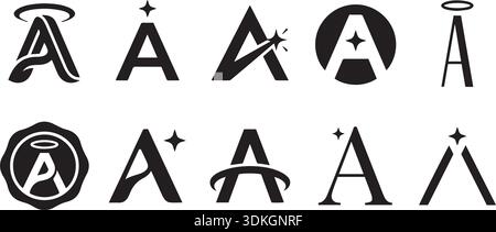Vari disegni dei loghi iniziali a in bianco e nero. Ideale per l'uso in progetti di identità di branding che richiedono un semplice elemento di design con stile Illustrazione Vettoriale