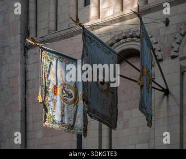 Gli squadroni Regimental Colours of Royal Air Force (RAF) appesi nella Cattedrale di Norwich, Norwich, Norfolk, East Anglia, Inghilterra, REGNO UNITO Foto Stock