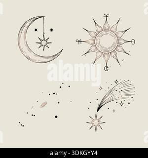 Stylized celestial and mystical elements illustration: moon, sun, shooting star, and cosmic patterns for esoteric designs. Illustrazione Vettoriale