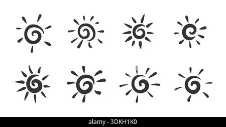 Icone di Doodle disegnate a mano al sole con forme a spirale. Inchiostro nero minimo simboli Sun per schizzi in stili diversi per collage, adesivi, design per bambini, Branding ed elementi decorativi. Illustrazione vettoriale. Illustrazione Vettoriale