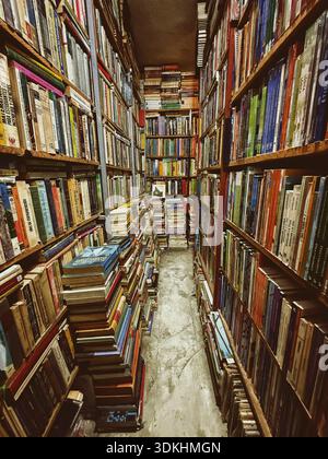 Stretto passaggio tra alti scaffali pieni di una vasta gamma di libri colorati, creando un'atmosfera accogliente e invitante Foto Stock