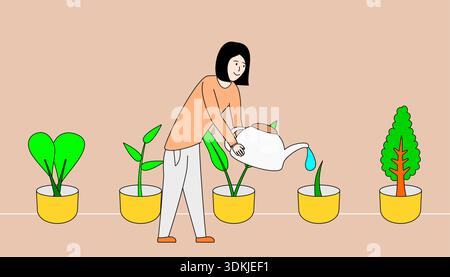 La donna innaffia le piante in una fila di vasi. Le piante sono di dimensioni e tipi diversi, compreso un albero. La donna sorride mentre bagna la pianta Illustrazione Vettoriale